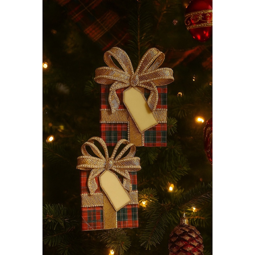 NEW Lot 2 Tartan Plaid Gift‎ Box Ornaments Gold Bow Pearl Trim Christmas Holiday